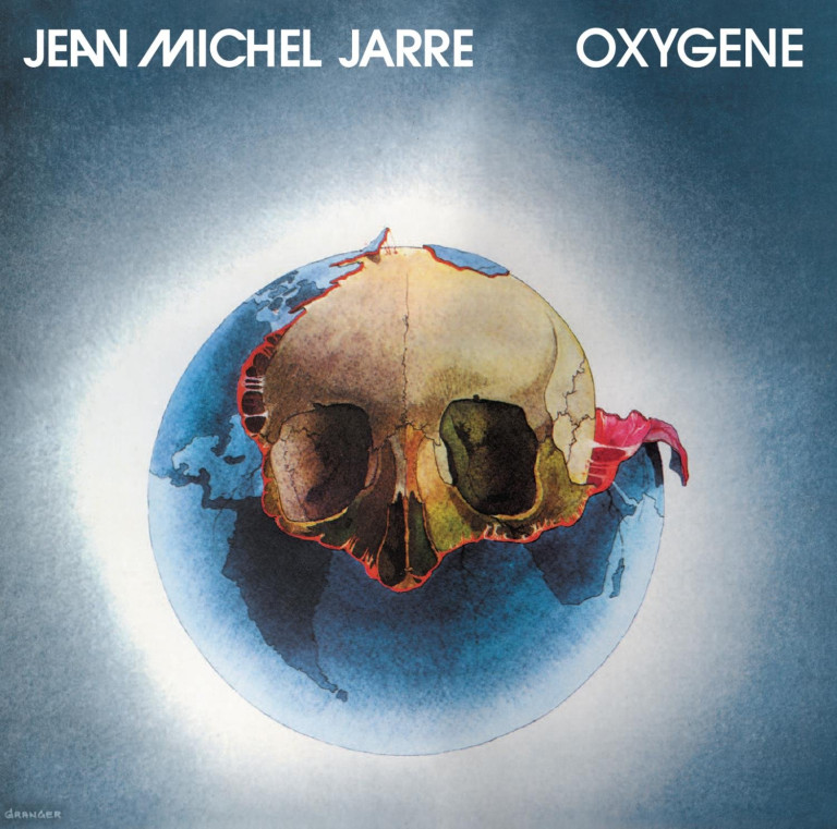 Pochette de l'album Oxyg&egrave;ne de Jean-Michel Jarre, 1976 &mdash; cr&acirc;ne sur globe terrestre, musique &eacute;lectronique SF
